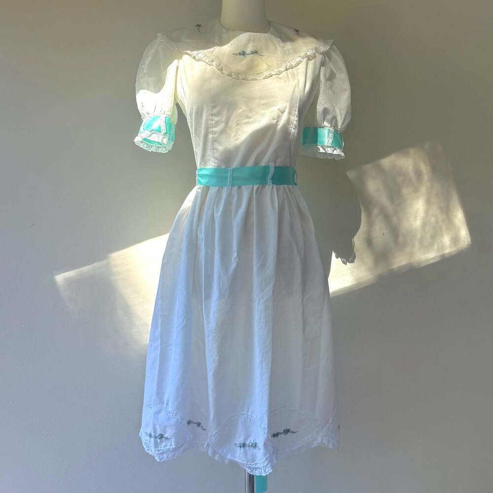 Vintage White Cotton Tea Dress with Aqua Ribbon Sash & Floral Embroidery